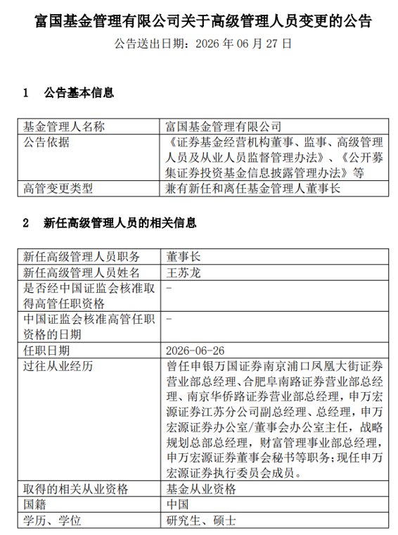 王苏龙履新富国基金董事长！申万宏源证券委派董事席位增至三席